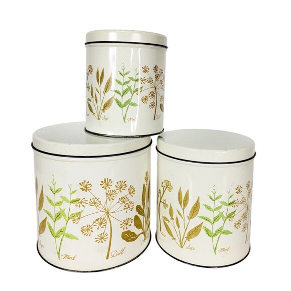 VTG MCM Botanical "Herbs" Nesting Storage Tins Set of Three Storage Canisters - Picture 3 of 16